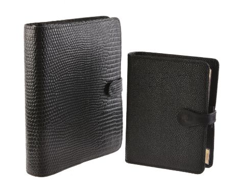 Mulberry, a black scotch grain leather planner, with a button fastener, opening to three card slots, three sleeves, note and 