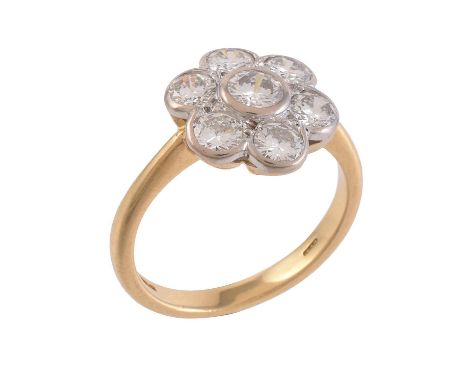 A diamond flower head cluster ring, the cluster collet set with brilliant cut diamonds, approximately 1.45 carats total, to a