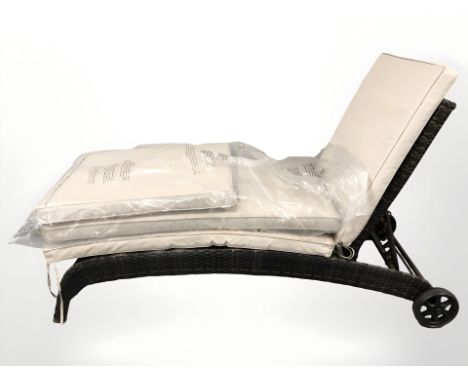 A woven plastic garden steamer longer with cushion 