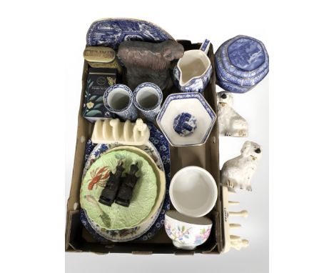 Ringtons blue and white caddy, pair of Royal Doulton Staffordshire dogs, other blue and white ceramics, figures, etc. (1 box)
