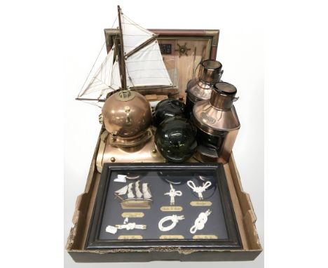 A miniature copper and brass diver's helmet, pair of reproduction ships lamps, glass floats, knot montage, model ship, togeth