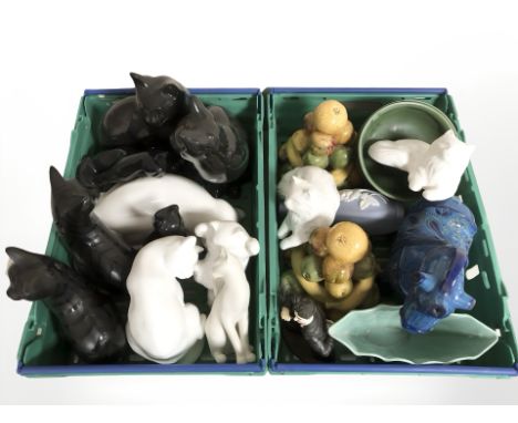 Assorted ceramic cat figures, fruit ornaments, bowls, etc. (2 boxes)