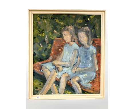 Danish School : Two children seated on a bench, oil on canvas, 67 cm x 79 cm.