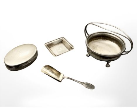 An Italian silver oval lidded box, width 8cm, a similar small ashtray, a silver-plated caddy scoop and an unmarked basket. (4