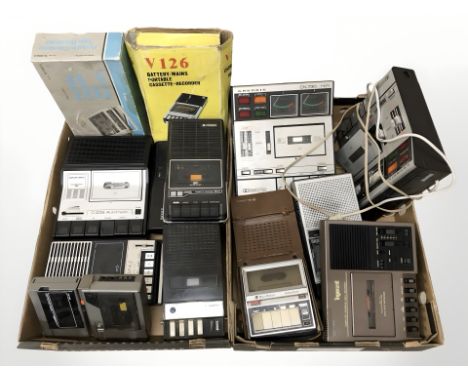 A group of vintage cassette recorders, boxed Sanyo cassette recorder, Bush TV. (3 boxes)