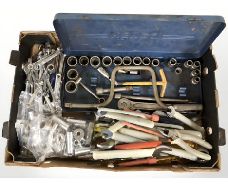 A group of spanners, socket set and other hand tools 