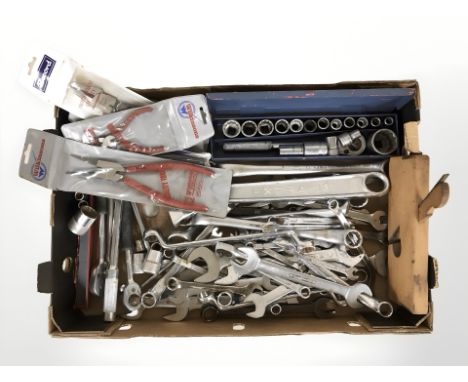 A quantity of spanners, pliers, socket set and hand tools (one box) 
