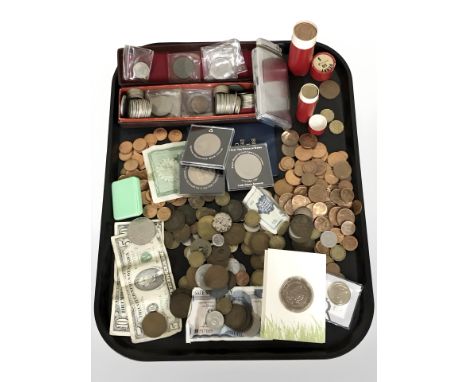 Assorted coins and bank notes including some pre-1947 British half crowns, assorted pre-decimal pieces, dollar bills, decimal