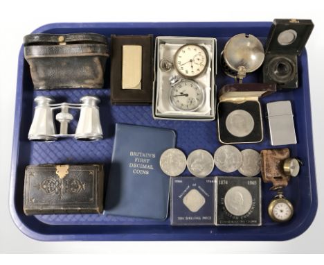 A group of crowns, pair of opera glasses, antique pocket bible, lady's fob watch, a Smiths open faced pocket watch, plus anot
