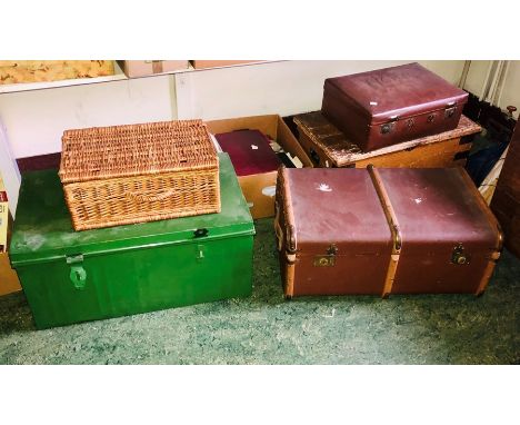 Various of early 20th century trunks, pine, metal and trunk case; wicker picnic basket (4)
