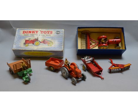 A boxed  Dinky Toys 27AK Farm Tractor & Hay Rake, appears G/VG in F but complete box, together with a small selection of unbo