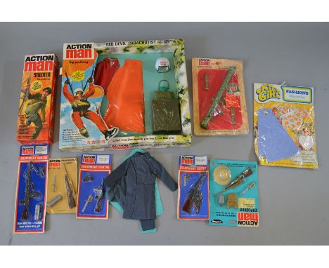 Quantity of Palitoy Action Man items: Soldier with blonde flock hair and gripping hands with instructions and Official Equipm