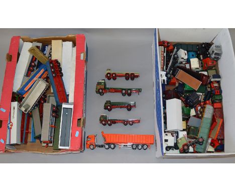 A good quantity of unboxed diecast lorries, tractor units and trailers in various styles, mostly by Corgi with damage and rep