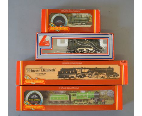 OO Gauge. Four engines, three by Hornby, GWR Pannier Tank, LNER  Class D49/1 'Cheshire', LMS 4-6-2 Maroon  'Princess Elizabet