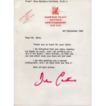 Dame Barbara Cartland, DBE, DStJ signed letter, on personalised letter dated 4th September 1989.