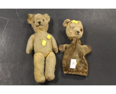 A STRAW FILLED 12INCH TEDDY BEAR WITH JOINTED BODY TOGETHER WITH A BEAR GLOVE PUPPET
