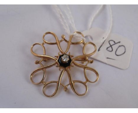 Good diamond and enamel gold swirl  brooch 3cm dia 2.5g inc      
