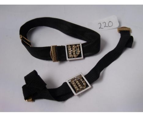 Pair of vintage gold, pearl & enamel  ribbon bracelets       