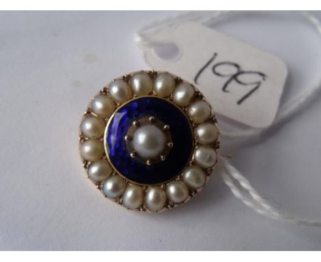 Antique blue enamel & pearl gold mounted  brooch 2cm dia       