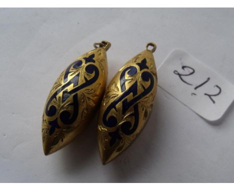 Victorian pair of gilt and enamel drop  earrings 3cm long       