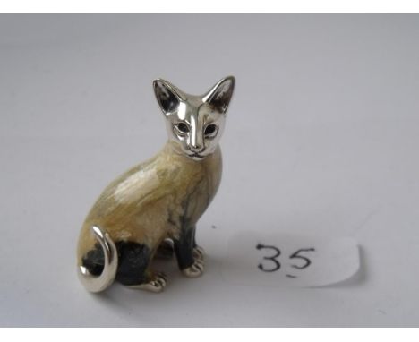 Solid silver & enamel 'Saturno' Siamese cat  fully hallmarked & signed 3.5cm high 15.5g   