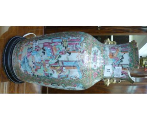 A late 19thC Canton porcelain vase, decorated with figures  (converted to a lamp)  15''h          RAB