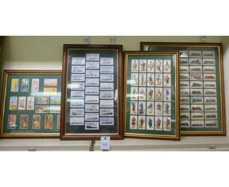 Framed sets of cigarette cards, viz. 'Railway Engine'  (50 cards) 'Warriors of all Nations' (25 cards) 'Measuring of Time' (2