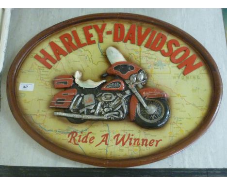 A modern carved wooden Harley-Davidson advertising plaque  16" x 24"