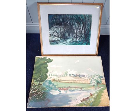 JOHN NASH, R.A. 1893-1977: 'THE STOUR AT BURES' (Suffolk) , lithograph 1937 (trimmed, discoloured, laid to board) 52.5 x 76cm