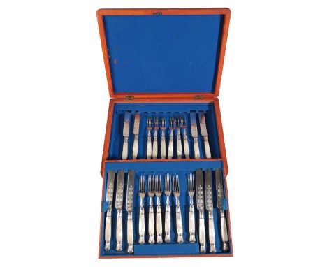 A VICTORIAN SILVER PLATED PART DESSERT SERVICE with engraved tines and blades and with mother of pearl handles, comprising tw
