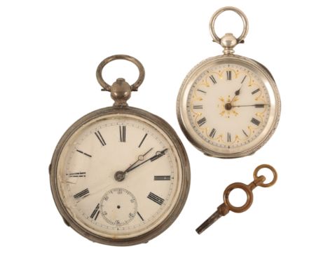 A 19TH CENTURY LADIES' SILVER POCKET WATCH with key-wind movement, the white enamel dial with black Roman numerals and dark b