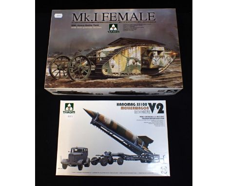 A TAKOM MODEL KIT No.2033 SCALE 1:35 Mk.I FEMALE WW1 HEAVY BATTLE TANK boxed and unbuilt with a Takom model kit No.5001 WWII 