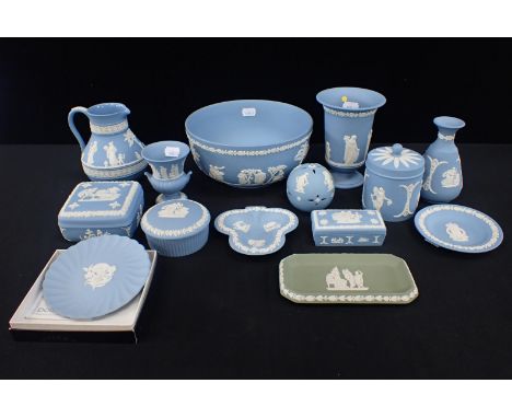 A GROUP OF WEDGWOOD BLUE JASPERWARE including a Royal Army Ordnance Corps pin dish, and one green piece (15)