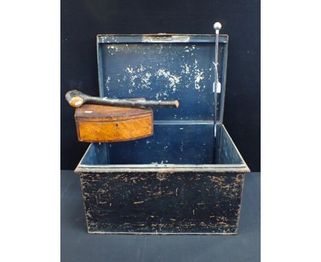 A JAPANNED TIN TRUNK, A SWAGGER STICK a George III bowfront box, and a Shillelagh (4)