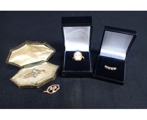 AN 18ct GOLD CAMEO RING, A 9ct RING set with stones, a 9ct brooch and an unmarked Edwardian style brooch (4)