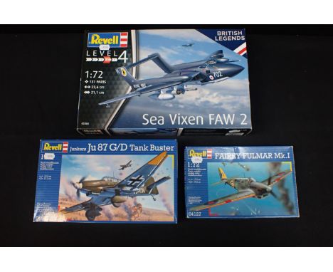 THREE REVELL BOXED MODEL KITS including Sea Vixen FAW 2, Junkers Ju87 G/D Tank Buster and Fairey Fulmar Mk.I, all models are 