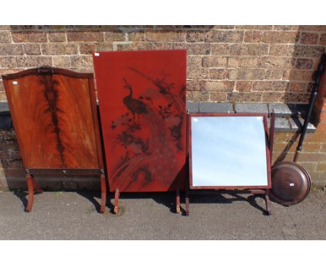 A JAPANESE  RED LACQUER PANEL, DECORATED WITH PEACOCKS 91 x 51cm, fitted with feet as a firescreen, with another firescreen, 