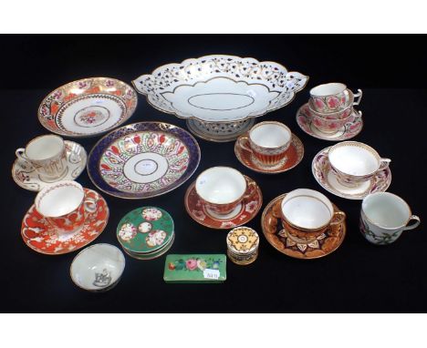 A COLLECTION OF 18th/19th CENTURY PORCELAIN Derby, Coalport, etc, cups and saucers, and other items (most damaged or worn)