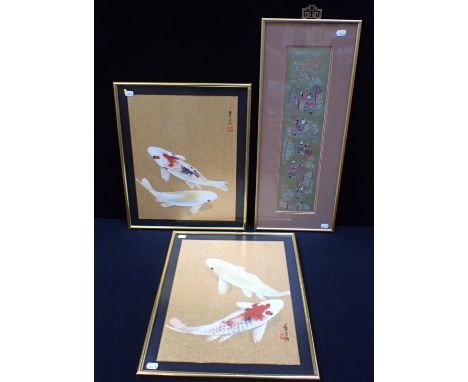 A PAIR OF MODERN CHINESE PAINTINGS OF CARP gouache on gilt paper, with signature and seal mark, each framed 48.5 x 39.5cm, an