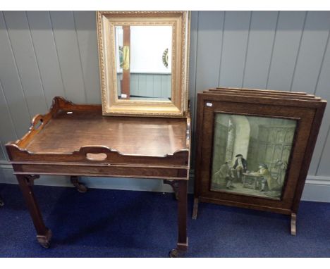 A CHIPPENDALE REVIVAL MAHOGANY 'BUTLERS TRAY' on square legs fitted with trolley wheels, 70cm wide, an oak framed Art deco st