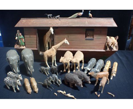 A RARE FRANK WHITTINGTON 'FOREST TOYS' , BROCKENHURST NOAH'S ARK (ATTRIB.) painted plywood 79cm long, with various pairs of c