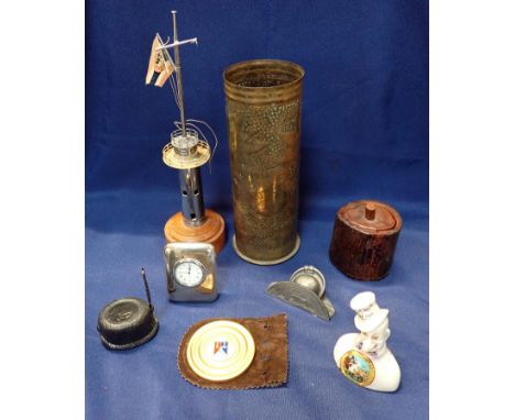 A TRENCH ART SHELL CASE 'CAMBRAI 1914-1919' 23cm high (split), two model military hats, a gilt Italian medallion, an Arcadian