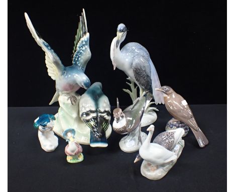 A GROUP OF CERAMIC BIRDS; ROYAL COPENHAGEN (2, one with beak a/f), a large Rosenthal bird (small chip tail),  Bing and Gronda