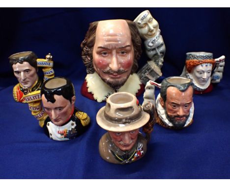 ROYAL DOULTON; WILLIAM SHAKESPEARE JUG D7136 Character Jug of the Year 1999, boxed with certificate, with a pair Philip II of