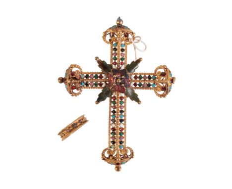 AN ENAMELLED CR0SS&nbsp;with detached hanging ring, in gilt metal, the cross with enamel and beaded detailing throughout, no 