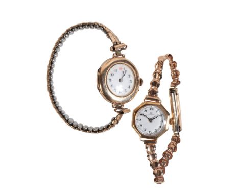 OMEGA: A LADIES GOLD-PLATED WRISTWATCH with manual wind movement, the white enamel dial with black Arabic numerals and dark b