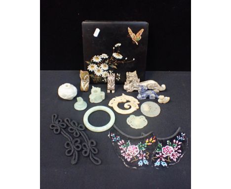A 'WHITE JADE' SCENT BOTTLE a painted carved jade dragon, a jade bangle, two carved jade plaques, a jade miniature censer, fi