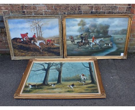 JASMIN (20TH CENTURY), A VICTORIAN FOX HUNTING SCENE WITH HOUNDS CROSSING A STREAM oil on canvas 61 x 91cm, gilt swept frame 