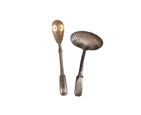 A GEORGE III SILVER CADDY SPOON by William Pugh, Birmingham 1810, with shell bowl and decorated terminal, together with a con