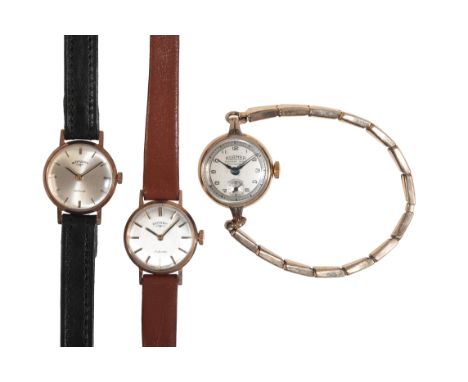 ROTARY: A LADIES 9CT GOLD WRISTWATCH with manual wind movement, the silver dial with gold baton numerals and hands, on a brow